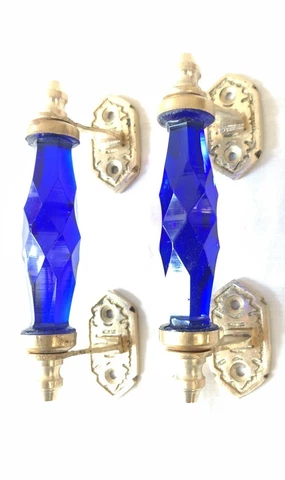 2 Ps Vintage Glass Blue Door Handle w Brass Puller Cabinet Kitchen Home Decor US Cover