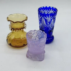 Art Glass Blown Glass Cut To Clear Small Vase Toothpick Holders Lot Of Three - Picture 1 of 24