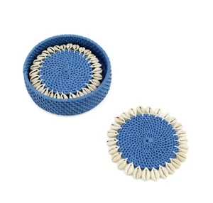 NEW Eco Handcraft Set of 4 Rattan Coasters-Premium Seashell-Trimmed-Blue - Picture 1 of 3