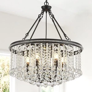 6-Light Black Crystal Chandelier Modern 21.6'' Contemporary Round Pendant Cha... - Picture 1 of 9