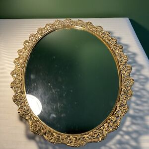 Large Ornate Rose Border  Antique Oval Mirrored Vanity / Dresser  Tray.