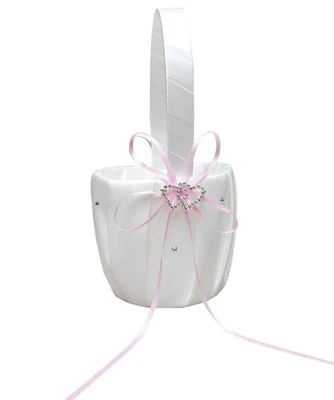 Cesta de boda niña con doble corazón estrás decoración rosa Foto 1 de 3