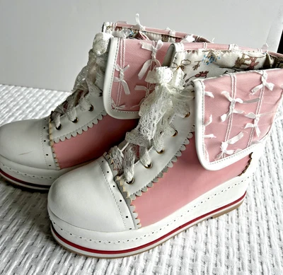 Zapato de plataforma Lolita tacón de cuña cosplay rosa punta redonda con cordones talla 41 Foto 1 de 4