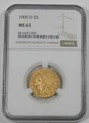 1909-D GOLD Indian Head Half Eagle $5 CERTIFIED NGC MS 63 - Image 1 of 4
