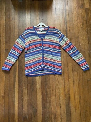 Cárdigan Suéter De Colección Años 90/Y2K Eddie Bauer Multicolor Tejido a Rayas Cuello en V Botón M Foto 1 de 4