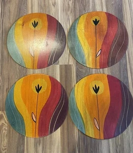 Kakadu handbemalte runde Tischsets aus Holz 14,75" 4er Set signiert von Reut Shahar - Bild 1 von 16
