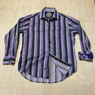 Robert Graham Shirt Mens L Stripe Purple Turq Flip Cuff Paisley Embroidered - Image 1 of 4