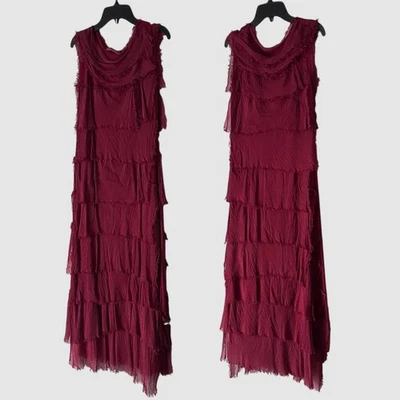 Maxi Vestido Fluido Italiano Seda Borgoña Sin Mangas Detalles en Niveles Talla M Elegante Foto 1 de 4