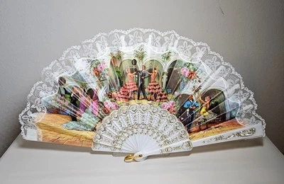 Vintage Spanish Folding Fan Flamenco Dancers W/ Lace Trim 17" Wide *Nice* - Image 1 of 4