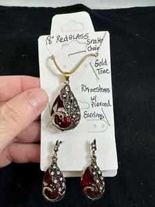 Halskette 18" Schlangenkette & Ohrringe rot/klar Strass Vintage Gold M-7079 - Bild 1 von 4