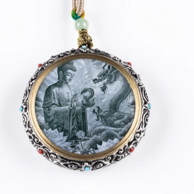 Colgante de plata tibetana rueda de transferencia dragón divino Ajade natural certificado Birmania Foto 1 de 4