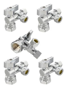 5PCS 1/4-Turm Dual Compression Outlet Angle Stop Valve, 1/2"Fip x3/8" x3/8" Comp - Picture 1 of 7