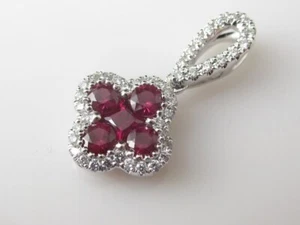 2.80 Ct Round Moissanite Red Ruby Clover Halo Pendant 14K White  Gold Plated - Picture 1 of 3