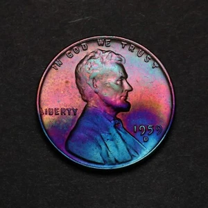 1959-D Toned Lincoln Memorial Cent Penny with Rainbow Toning (7-65) - Picture 1 of 2