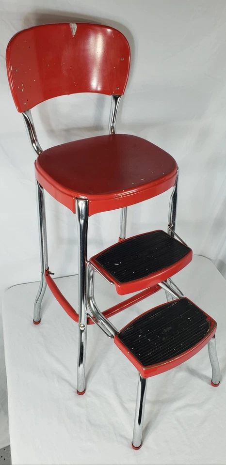 Vintage Stylaire Red Metal Fold Out Step Stool Chair Chrome Legs Pick-Up Only - Image 1 of 4