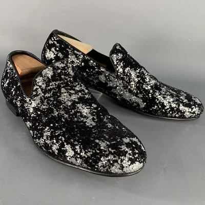 JIMMY CHOO Talla 11 Terciopelo Purpurina Devore Sloan Negro Plata Deslizarse - Imagen 1 de 4