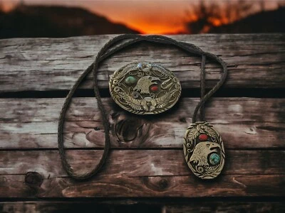 SSI Plata Turquesa Coral Águila Americana Plumas Flor Cinturón Hebilla y Corbata Bolo Foto 1 de 4