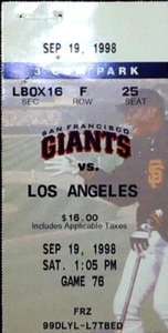 Mike Metcalfe MLB Debut Dodgers Giants Ticket Stub 9/18/1998 Barry Bonds HR #409 - Picture 1 of 2