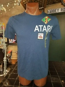 Atari Pong Legend Blast Off Video Game Dusty Blue Small T-shirt With Patches - Picture 1 of 3
