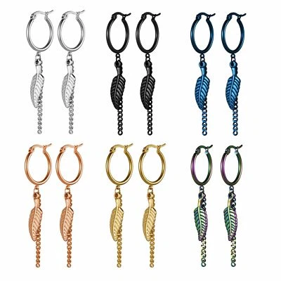 Vintage Long Tassels Feather Drop Stainless Steel Earrings for Mens Womens Gift - Image 1 of 4