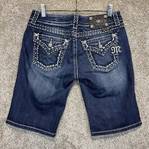 Miss Me Jean Shorts Womens 26 Blue Easy Bermuda Flap Pockets Stretch Distressed - Picture 1 of 13