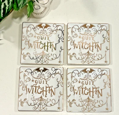 NEW 4 Halloween Gold/White 222 Fifth QUIT WITCHIN Bats Square Appetizer Plates - Image 1 of 4
