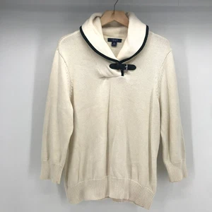 Chaps Sweater Womens XL Ivory Black Piping Detail Shawl Collar 100% Cotton - Foto 1 di 8