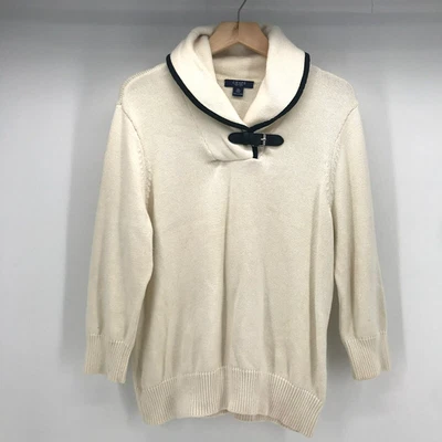 Suéter Chaps Mujer XL Marfil Negro Detalle de Tubería Chal Cuello 100% Algodón Foto 1 de 4