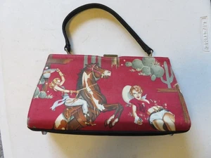 Red Cowgirl Western Canvas Purse w/ Blk Suede Handle, Clasp Top & Zip Pocket - Picture 1 of 10