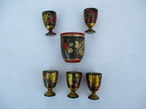 6 Khokhloma handbemalte Tassen Volkskunst Sowjet Russisch UdSSR Floral Gold - Bild 1 von 5