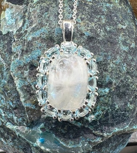 Moonstone Pendant Necklace Blue Topaz Halo .925 Sterling Silver 16" 18" - Picture 1 of 3