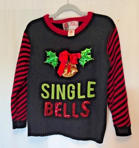SINGLE BELLS Sm sweater black red gr stripes embellished gift holly funny sequin - Picture 1 of 9