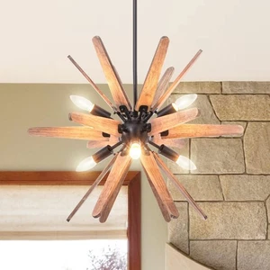 6-Light Sputnik Pendant Light Black, Wood Chandelier for Dining Room Rustic L... - Picture 1 of 5