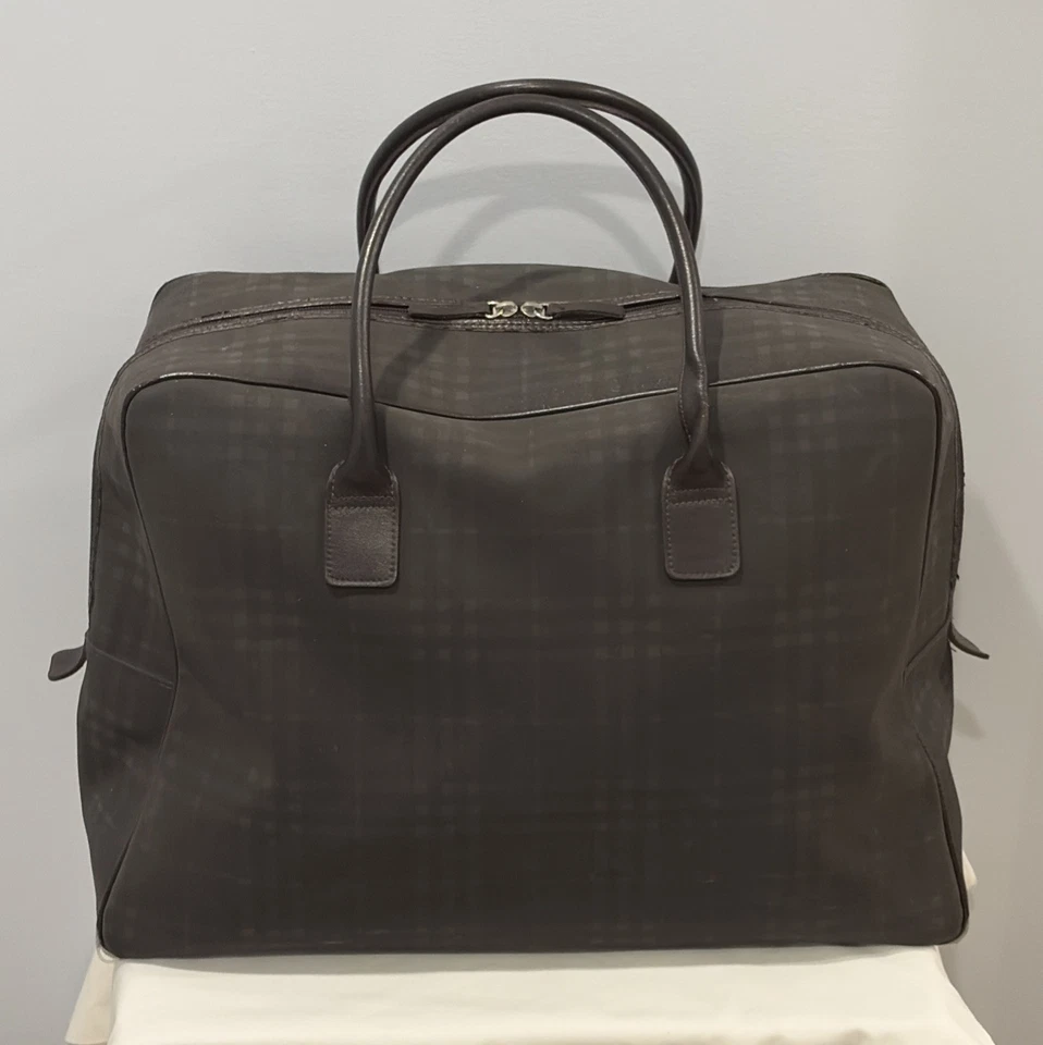 Vintage Burberry 20" Weekender Bag Smoked Check w/ Leather Trim Made In England - Image 1 of 4