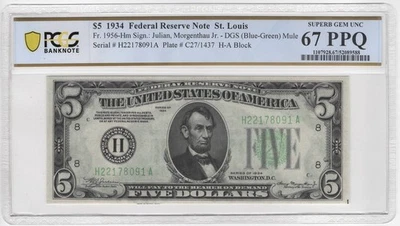 1934 $5 FRN St. Louis Mule Fr#1956-Hm 67 PPQ TOP POP 7/0 - Image 1 of 2