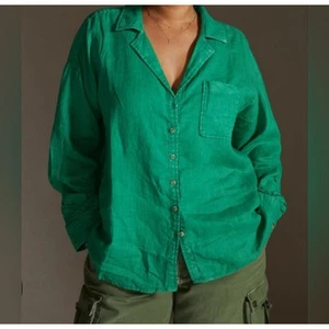 Maeve Anthropologie Top Womens Small Kelly Green Button Down Linen Ruched Sleeve - Picture 1 of 10