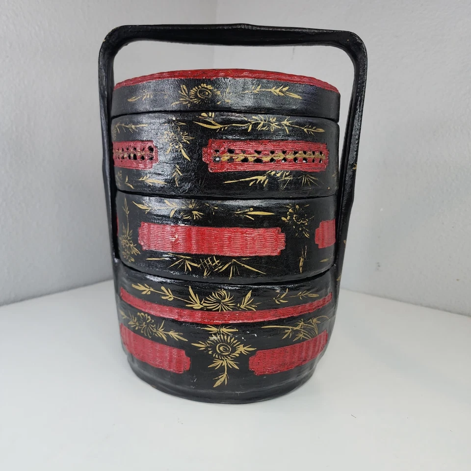 Cesta de boda vintage asiática de laca negra de 3 niveles floral pintada a mano de bambú Foto 1 de 4