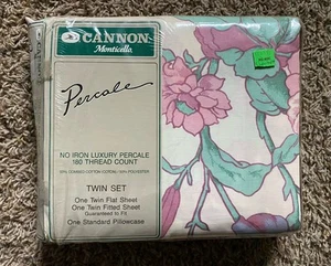 New Cannon Monticello Flowers Twin Sheet Set 3 Pc Percale Flat Fitted NO IRON - Picture 1 of 3