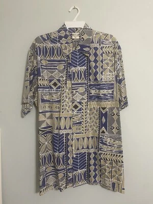 GO BAREFOOT Men’s Hawaiian 2XL Shirt Tropical Blue Tan Tribal Aloha - Image 1 of 4