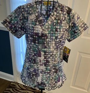 New Wonderwink stretch print Extra Small XS women scrub top Purple Teal Ladies - Picture 1 of 9