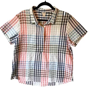 LL Bean Blouse Shirt Women L Pastel Plaid Crinkle Seersucker Cotton Button Up - Picture 1 of 8