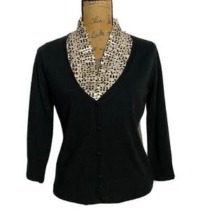 NYC Cardigan SMALL Black Sweater Cream Dot Layer Look Blouse Casual Career - Picture 1 of 7