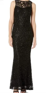 MARINA Sequin Lace Maxi Gown Formal SZ 12 NWT Sleeveless Illusion Dress Black - Picture 1 of 8