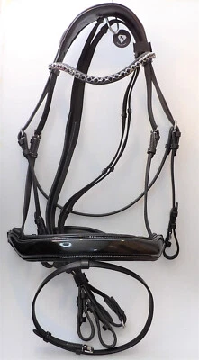 Leder Trense schwarz Lack unterlegt mit Strass Ziernähte anatomisch WB mit Zügel - Bild 1 von 4