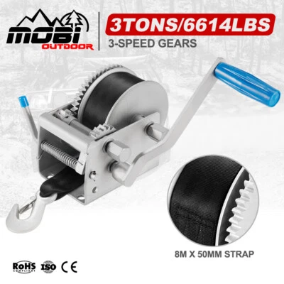 3000KG/6614LBS Hand Winch 3 Speed 4WD Car Trailer Boat Webbing Strap 8M X 50MM - image 1 of 4