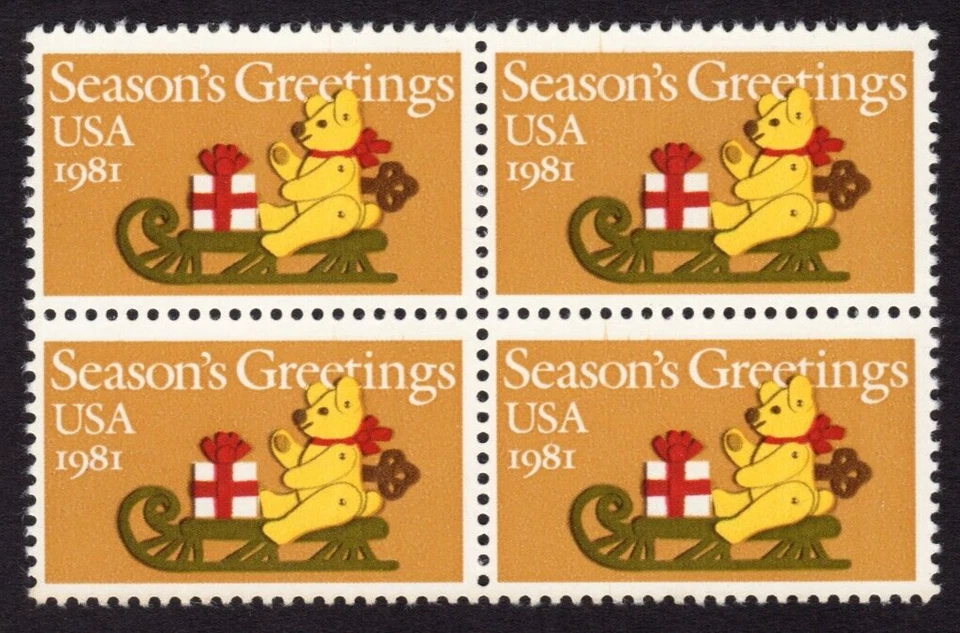 Scott #1940 1981 Teddy Bear on Sleigh Block of 4 Stamps - MNH - Image 1 of 1
