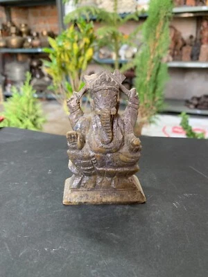 Antigua estatua de ídolo de oración hindú Ganesha de piedra de mármol tallada a mano de 4" Foto 1 de 4