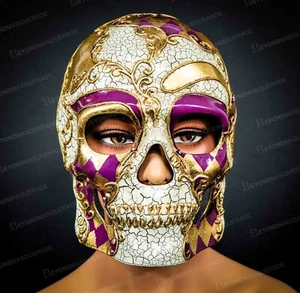 Day of the Dead Skull Full Face Halloween Mask Mardi Gras Gold Purple M31094PUG - Picture 1 of 7