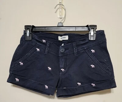 NWT Abercrombie Kids Girl's Junior's Stretch Cuffed Blue Chino Shorts Pink Logo - Image 1 of 3