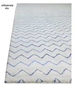 Hand Tufted Beige & Blue Zig Zag Rug 100% Wool Rugs For Living Room Bedroom Rug - Picture 1 of 8